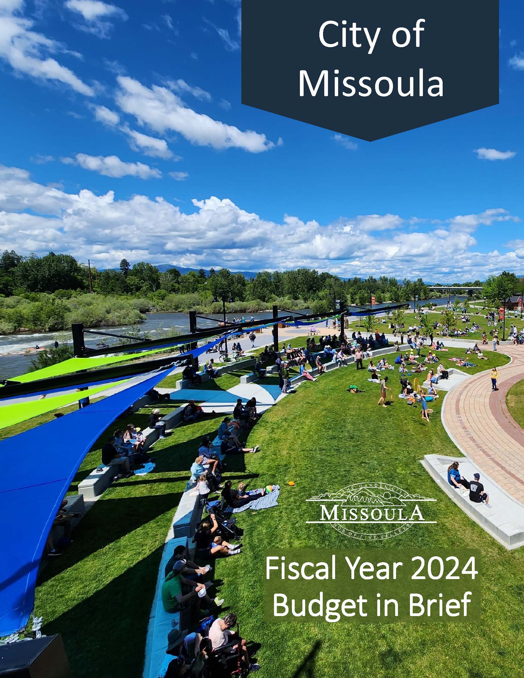 Budget in Brief FY24 cover page showing Caras Park and the Clark Fork River