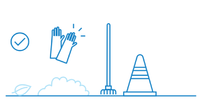 Liine art graphic of work gloves and cleaning tools.