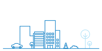 Line art graphic of a cityscape with buildings and cars.