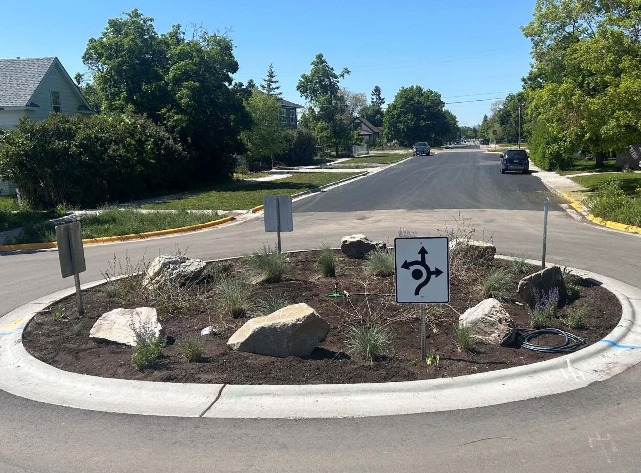 A traffic circle with plants 