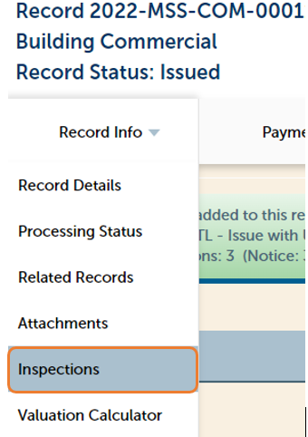 Screenshot of Portal Record Detail, Record Info, Inspections navigation, described in instructions